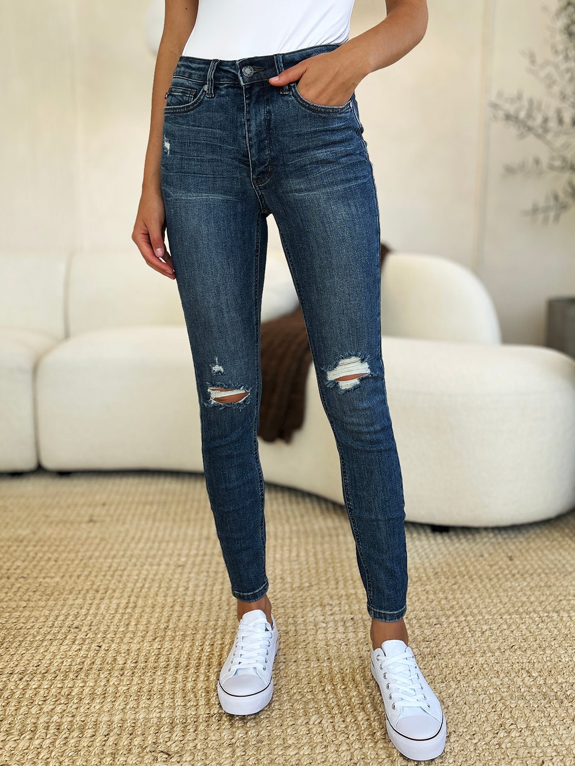 Judy Blue Full Size Mid Waist Distressed Slim Jeans - Bitsy Gypsy Boutique