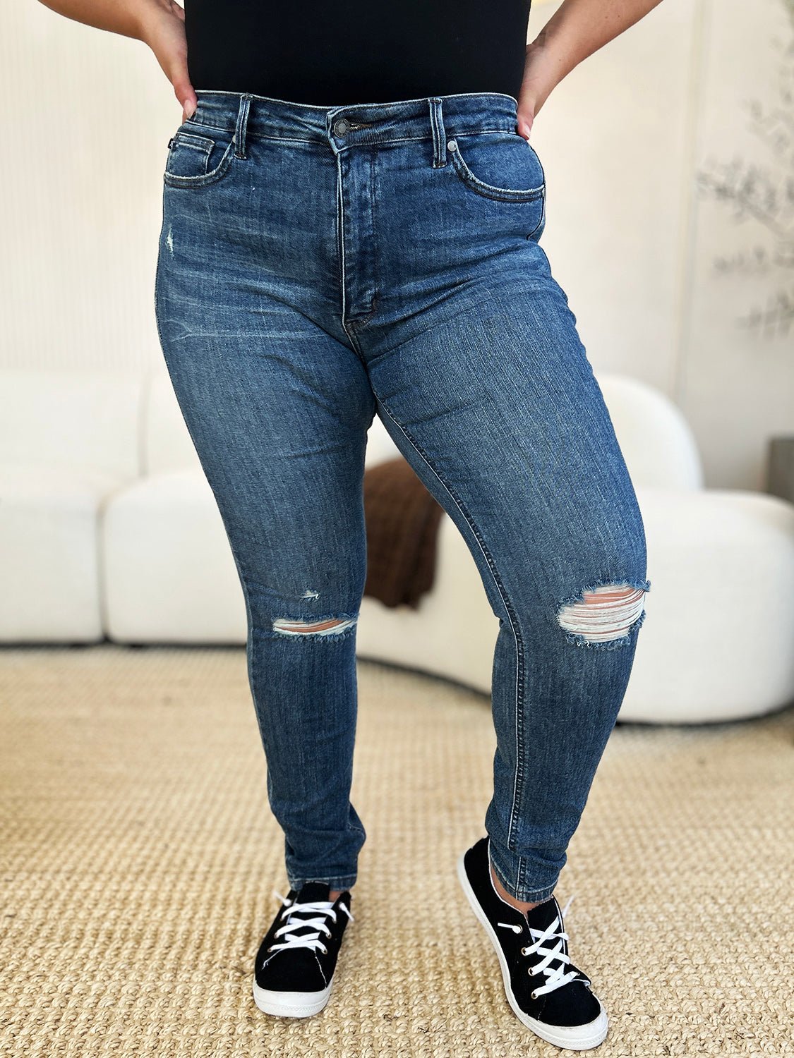 Judy Blue Full Size Mid Waist Distressed Slim Jeans - Bitsy Gypsy Boutique