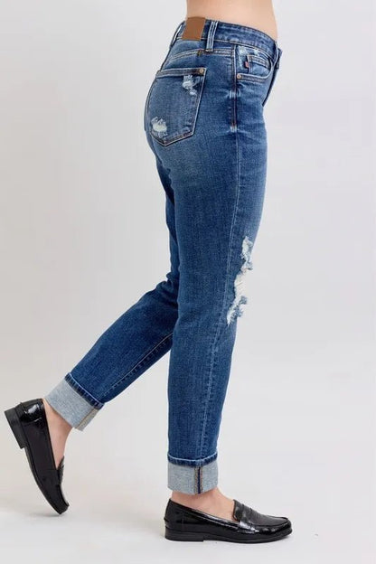 Judy Blue Full Size Midi Rise Boyfriend destroy Jeans with Yoke Pockets and Faux Selvedge Cuff Plus Size - Bitsy Gypsy Boutique