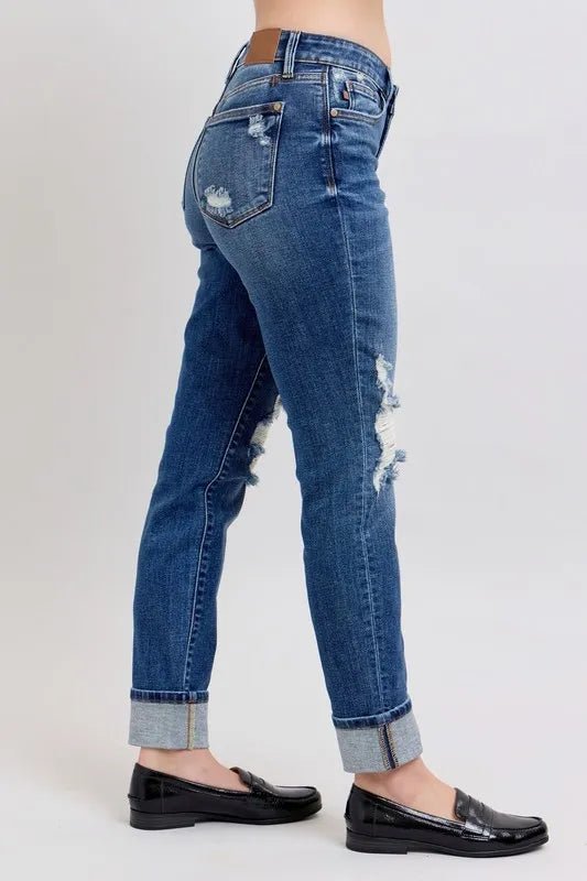 Judy Blue Full Size Midi Rise Boyfriend destroy Jeans with Yoke Pockets and Faux Selvedge Cuff Plus Size - Bitsy Gypsy Boutique
