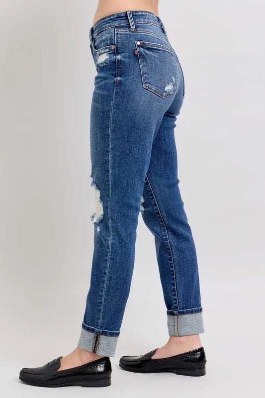 Judy Blue Full Size Midi Rise Boyfriend destroy Jeans with Yoke Pockets and Faux Selvedge Cuff Plus Size - Bitsy Gypsy Boutique