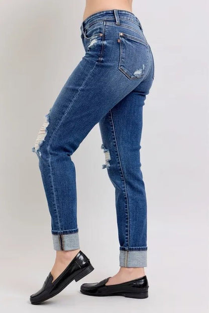 Judy Blue Full Size Midi Rise Boyfriend destroy Jeans with Yoke Pockets and Faux Selvedge Cuff Plus Size - Bitsy Gypsy Boutique