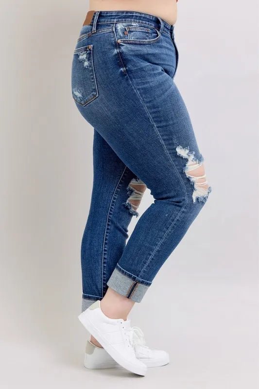Judy Blue Full Size Midi Rise Boyfriend destroy Jeans with Yoke Pockets and Faux Selvedge Cuff Plus Size - Bitsy Gypsy Boutique