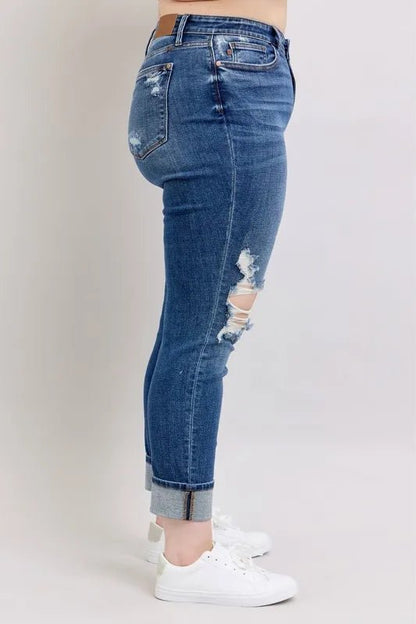Judy Blue Full Size Midi Rise Boyfriend destroy Jeans with Yoke Pockets and Faux Selvedge Cuff Plus Size - Bitsy Gypsy Boutique