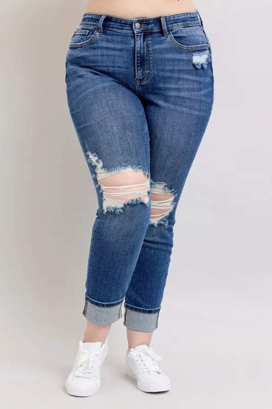 Judy Blue Full Size Midi Rise Boyfriend destroy Jeans with Yoke Pockets and Faux Selvedge Cuff Plus Size - Bitsy Gypsy Boutique