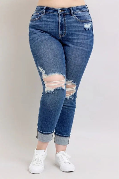 Judy Blue Full Size Midi Rise Boyfriend destroy Jeans with Yoke Pockets and Faux Selvedge Cuff Plus Size - Bitsy Gypsy Boutique