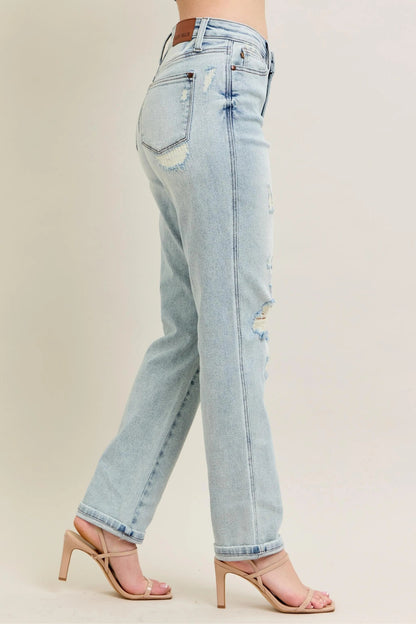 Judy Blue Full Size Mr Repair Stitch Detail Destroy Single Cuff Bf Jeans - Bitsy Gypsy Boutique