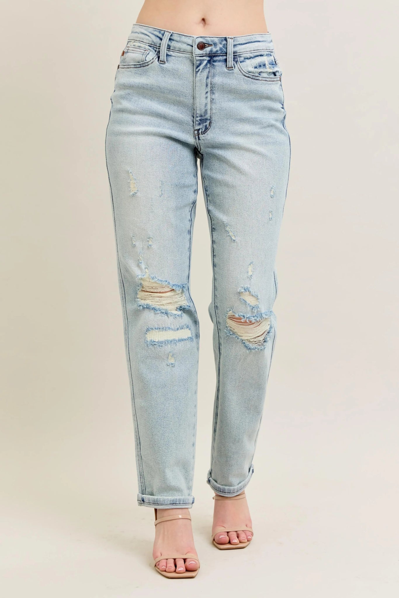 Judy Blue Full Size Mr Repair Stitch Detail Destroy Single Cuff Bf Jeans - Bitsy Gypsy Boutique