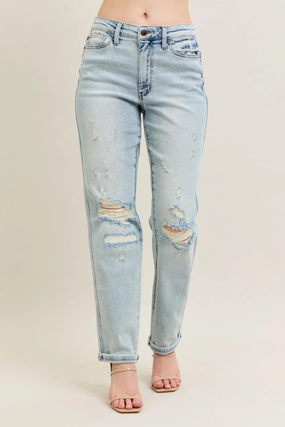 Judy Blue Full Size Mr Repair Stitch Detail Destroy Single Cuff Bf Jeans - Bitsy Gypsy Boutique