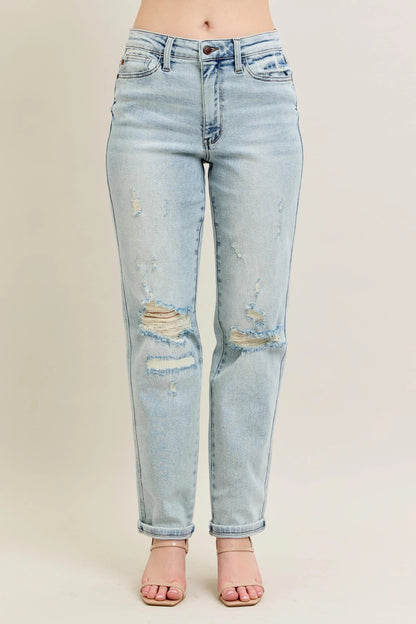 Judy Blue Full Size Mr Repair Stitch Detail Destroy Single Cuff Bf Jeans - Bitsy Gypsy Boutique