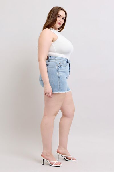 Judy Blue Full Size Tummy Control Raw Hem Denim Shorts Plus Size - Bitsy Gypsy Boutique