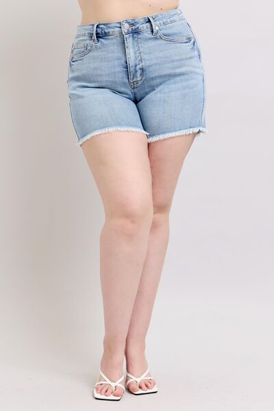 Judy Blue Full Size Tummy Control Raw Hem Denim Shorts Plus Size - Bitsy Gypsy Boutique