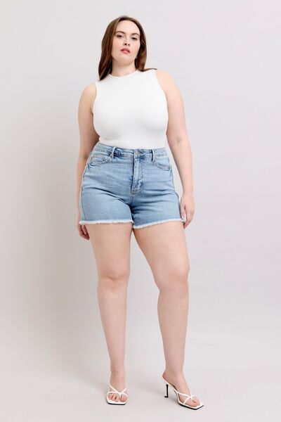 Judy Blue Full Size Tummy Control Raw Hem Denim Shorts Plus Size - Bitsy Gypsy Boutique