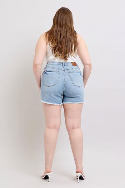 Judy Blue Full Size Tummy Control Raw Hem Denim Shorts Plus Size - Bitsy Gypsy Boutique