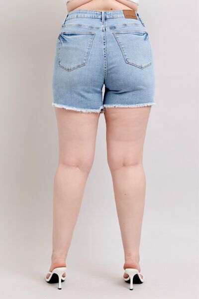 Judy Blue Full Size Tummy Control Raw Hem Denim Shorts Plus Size - Bitsy Gypsy Boutique