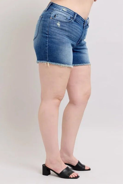 Judy Blue Full Size V - Front Denim Shorts with Shield Pockets Plus Size - Bitsy Gypsy Boutique