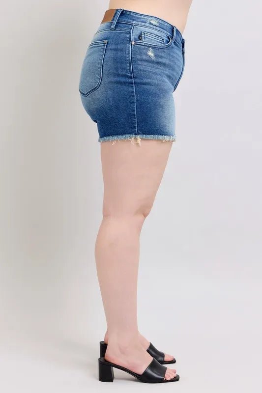 Judy Blue Full Size V - Front Denim Shorts with Shield Pockets Plus Size - Bitsy Gypsy Boutique
