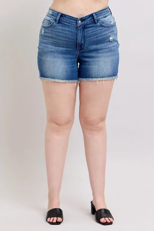 Judy Blue Full Size V - Front Denim Shorts with Shield Pockets Plus Size - Bitsy Gypsy Boutique