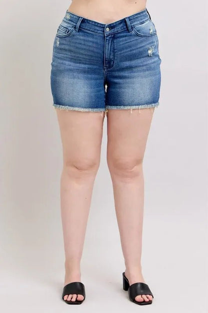 Judy Blue Full Size V - Front Denim Shorts with Shield Pockets Plus Size - Bitsy Gypsy Boutique