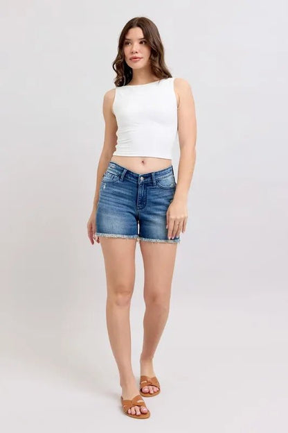 Judy Blue Full Size V - Front Denim Shorts with Shield Pockets Plus Size - Bitsy Gypsy Boutique