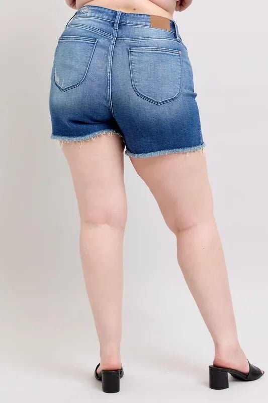 Judy Blue Full Size V - Front Denim Shorts with Shield Pockets Plus Size - Bitsy Gypsy Boutique