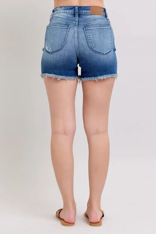 Judy Blue Full Size V - Front Denim Shorts with Shield Pockets Plus Size - Bitsy Gypsy Boutique