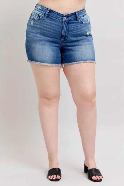 Judy Blue Full Size V - Front Denim Shorts with Shield Pockets Plus Size - Bitsy Gypsy Boutique