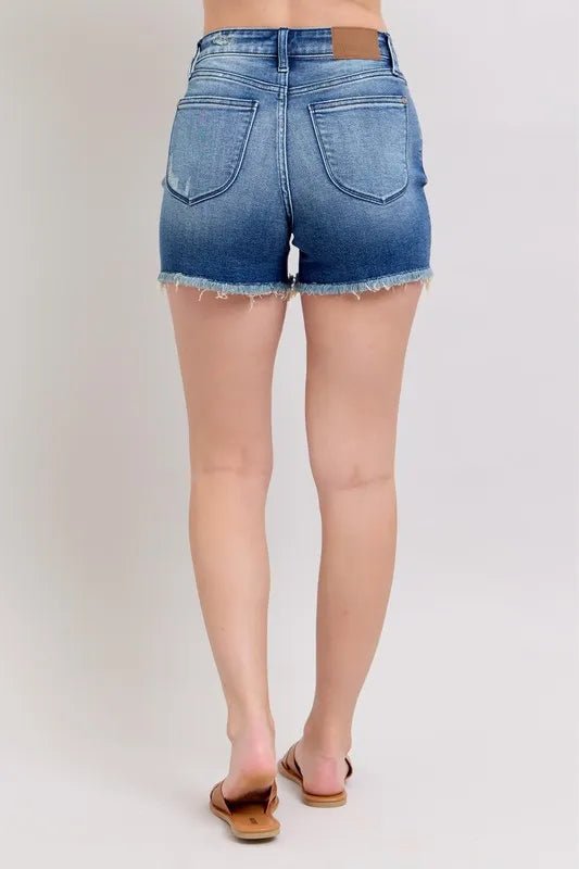 Judy Blue Full Size V - Front Denim Shorts with Shield Pockets Plus Size - Bitsy Gypsy Boutique