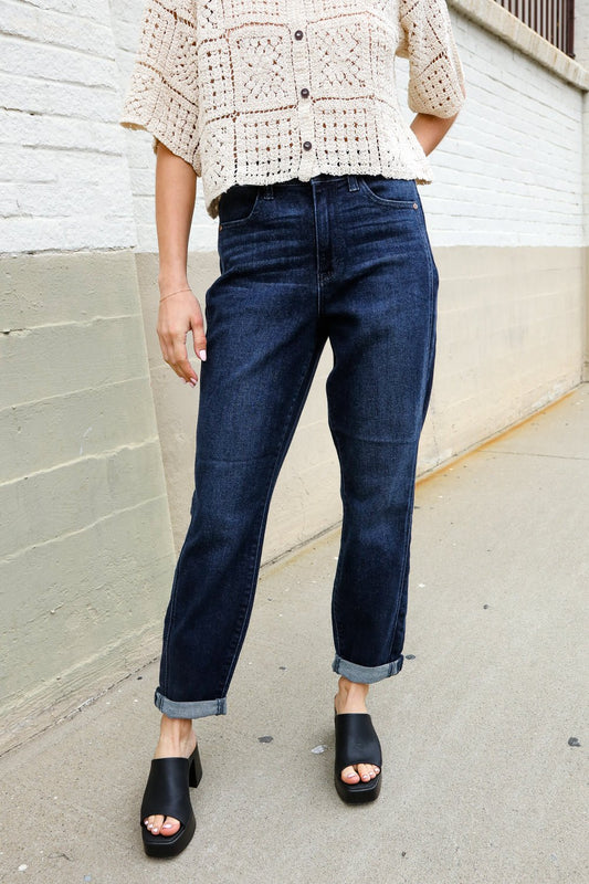 Judy Blue High-Rise Boyfriend Dark Blue Wash Jeans - Bitsy Gypsy Boutique