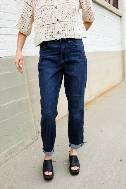 Judy Blue High-Rise Boyfriend Dark Blue Wash Jeans - Bitsy Gypsy Boutique