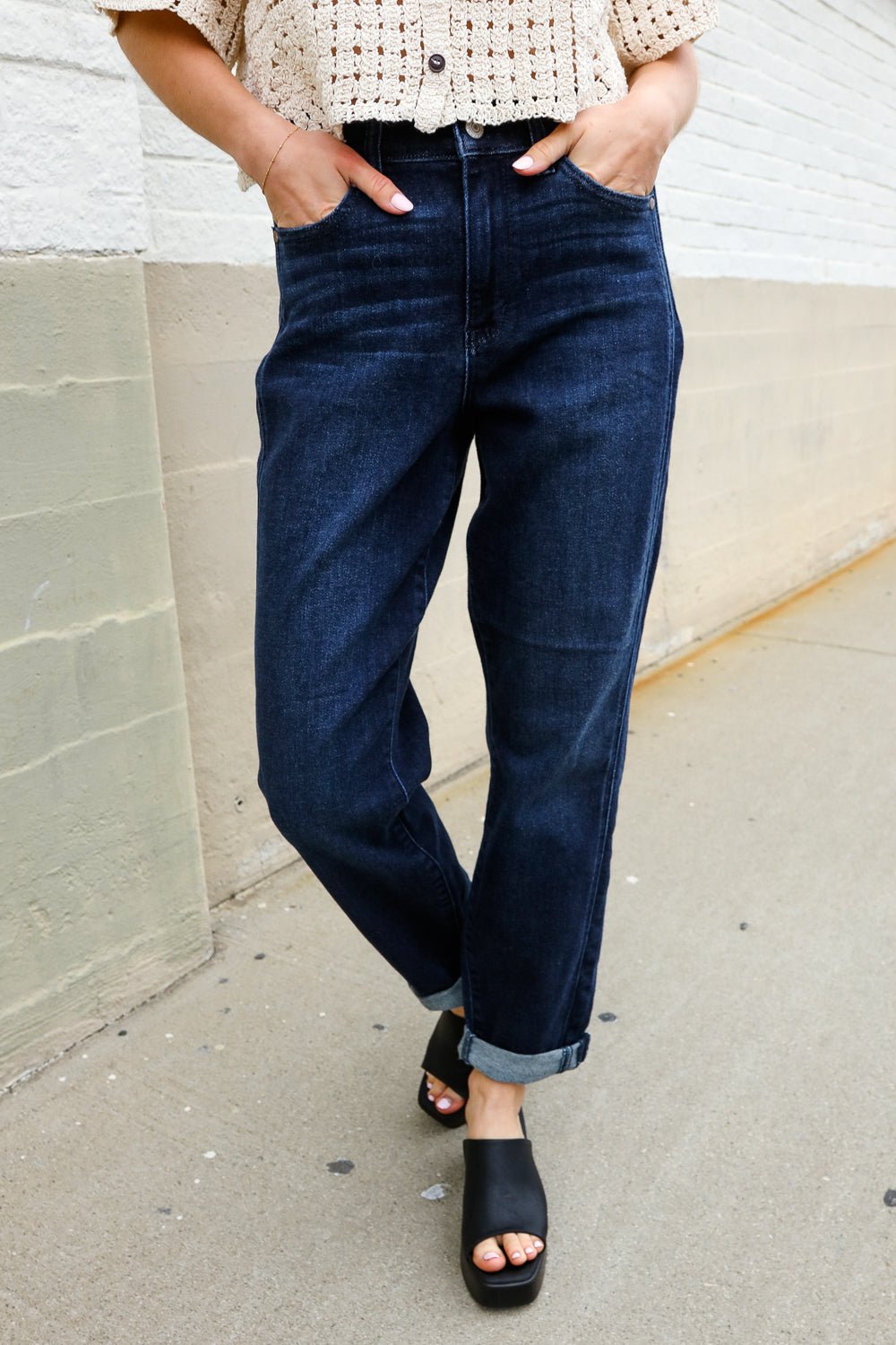 Judy Blue High-Rise Boyfriend Dark Blue Wash Jeans - Bitsy Gypsy Boutique