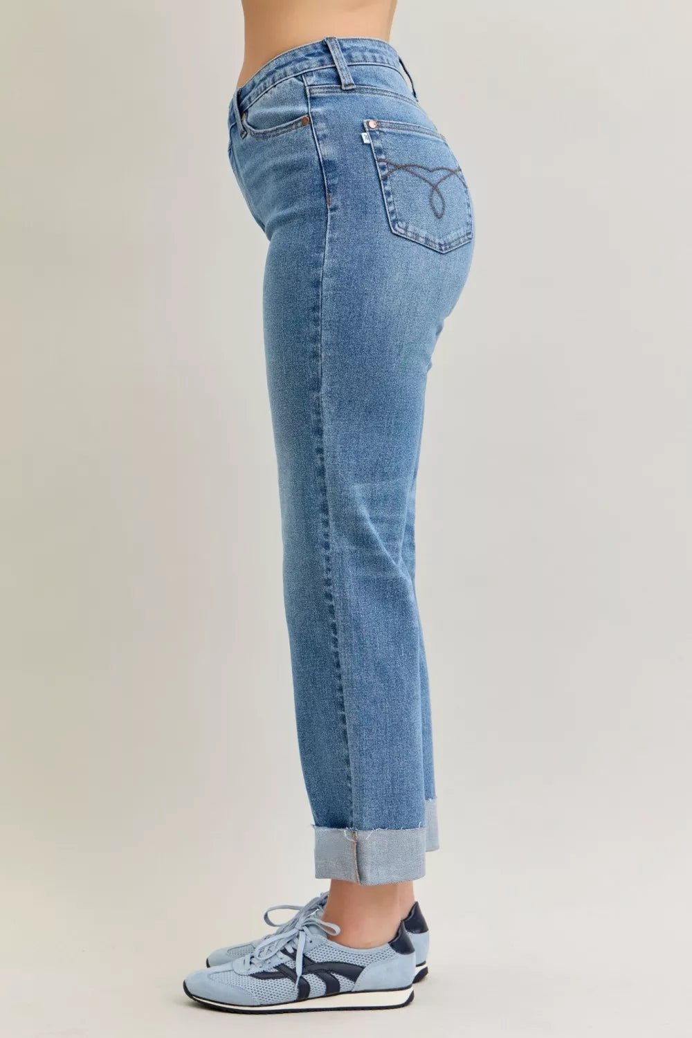 Judy Blue High Waist Bf Criss - cross Mild Destroy Jeans with Single Cuff - Bitsy Gypsy Boutique