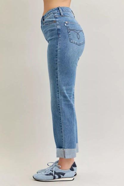Judy Blue High Waist Bf Criss - cross Mild Destroy Jeans with Single Cuff - Bitsy Gypsy Boutique