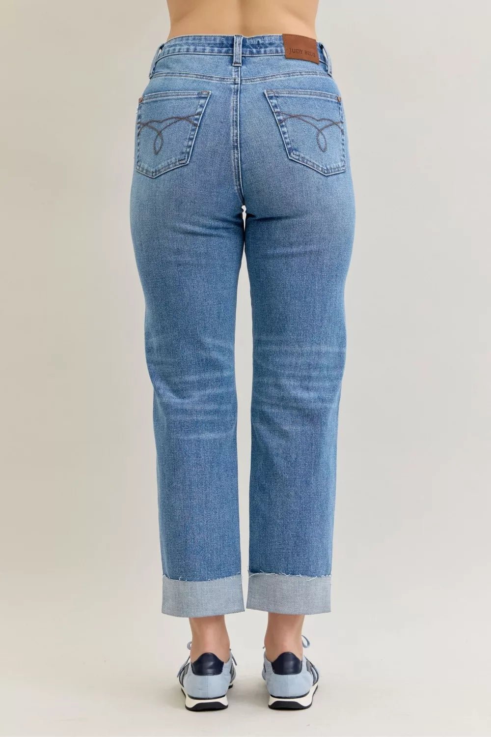 Judy Blue High Waist Bf Criss - cross Mild Destroy Jeans with Single Cuff - Bitsy Gypsy Boutique