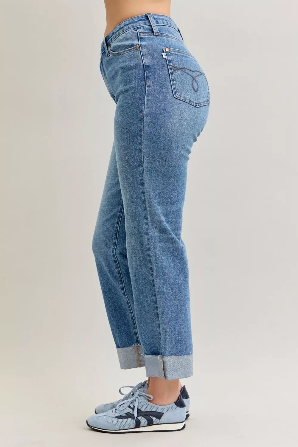 Judy Blue High Waist Bf Criss - cross Mild Destroy Jeans with Single Cuff - Bitsy Gypsy Boutique