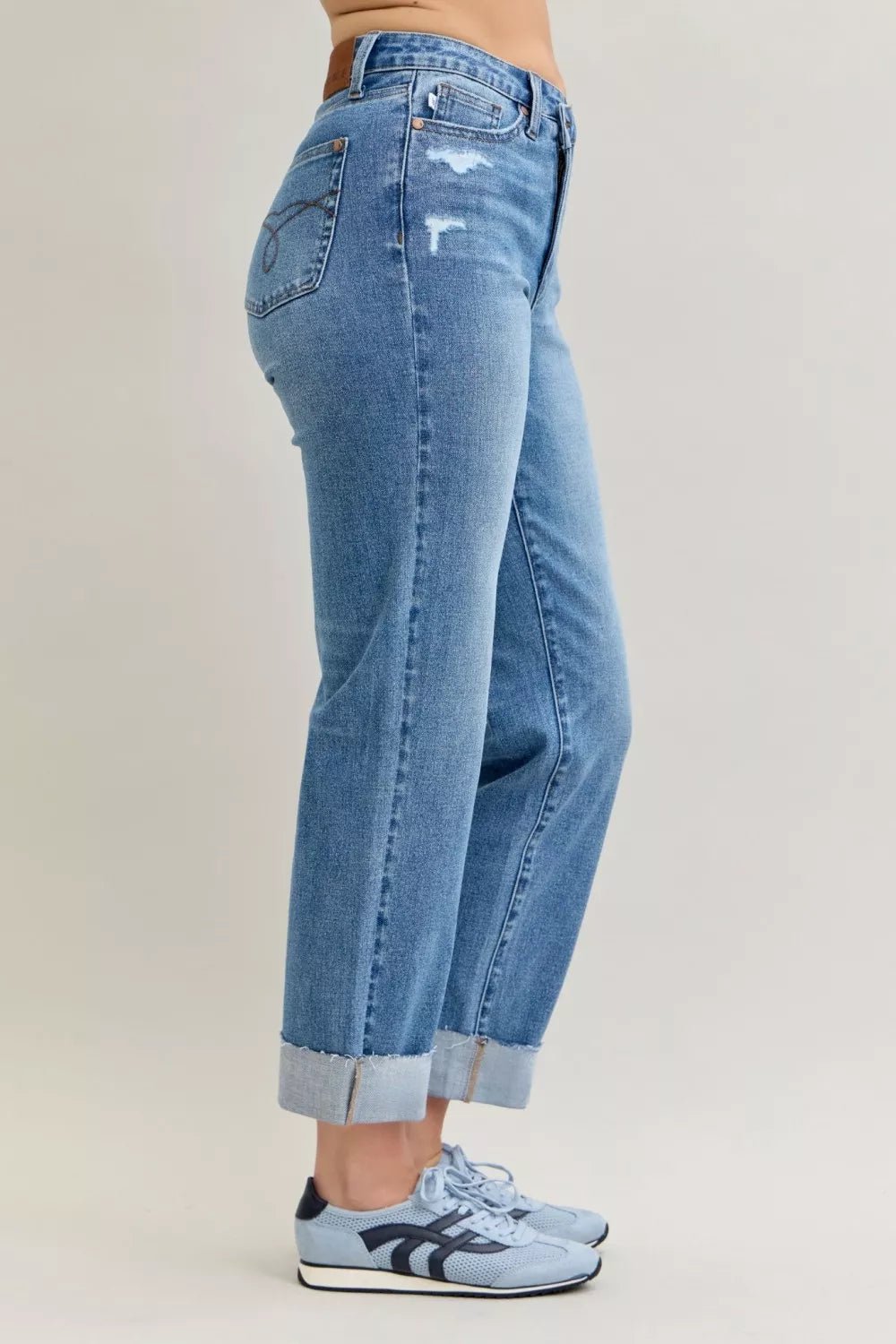 Judy Blue High Waist Bf Criss - cross Mild Destroy Jeans with Single Cuff - Bitsy Gypsy Boutique