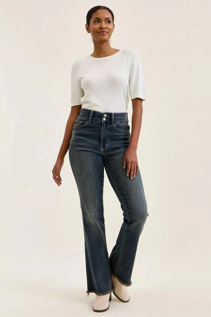 Judy Blue High Waist Double Button Frayed Hem Jeans - Bitsy Gypsy Boutique