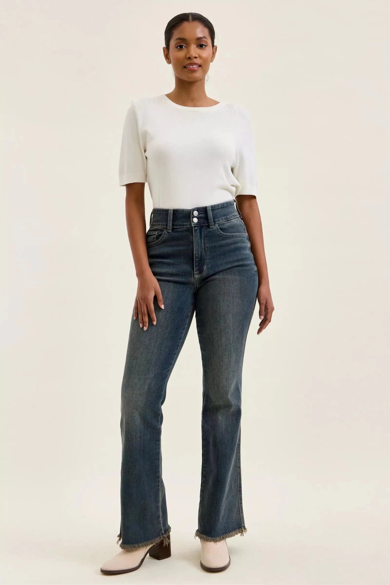 Judy Blue High Waist Double Button Frayed Hem Jeans - Bitsy Gypsy Boutique