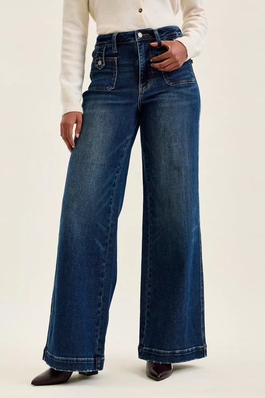Judy Blue High Waist "lux" Retro Wide Jeans with Front Patch Tab Closure Dk Fade Indigo - Bitsy Gypsy Boutique