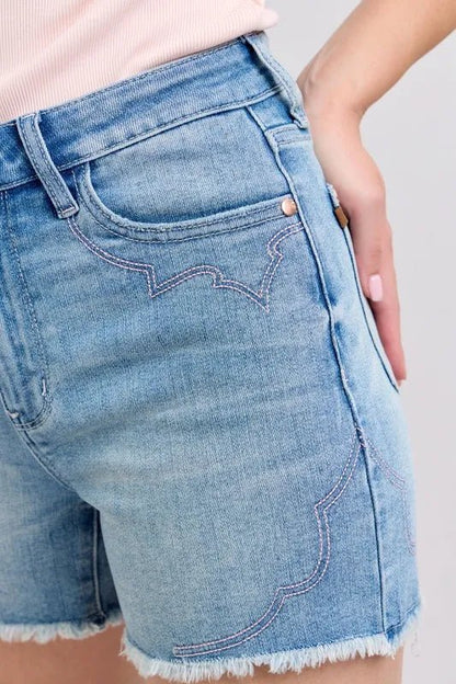 Judy Blue High Waist Western Embroidery Detail Cut Off Denim Shorts - Bitsy Gypsy Boutique