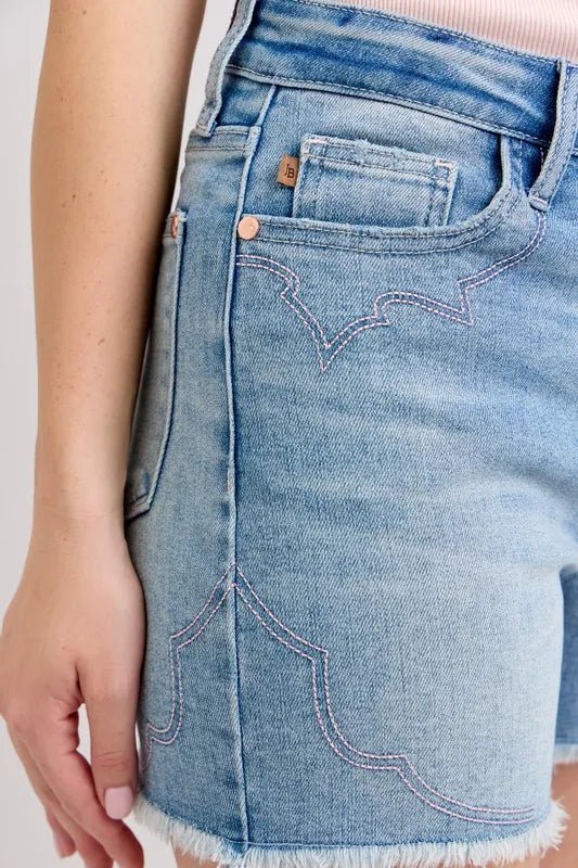 Judy Blue High Waist Western Embroidery Detail Cut Off Denim Shorts - Bitsy Gypsy Boutique
