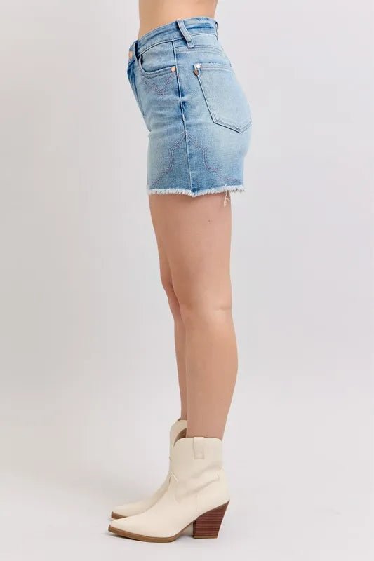 Judy Blue High Waist Western Embroidery Detail Cut Off Denim Shorts - Bitsy Gypsy Boutique