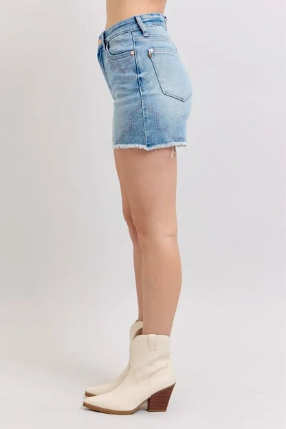 Judy Blue High Waist Western Embroidery Detail Cut Off Denim Shorts - Bitsy Gypsy Boutique