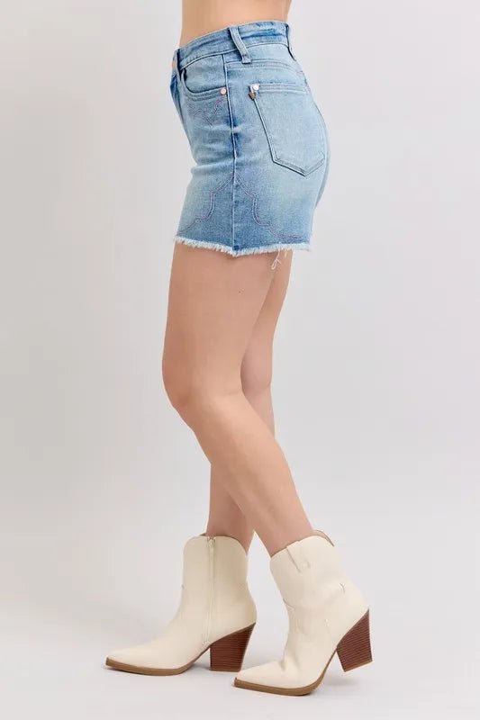 Judy Blue High Waist Western Embroidery Detail Cut Off Denim Shorts - Bitsy Gypsy Boutique
