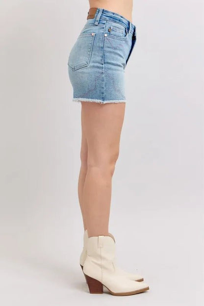Judy Blue High Waist Western Embroidery Detail Cut Off Denim Shorts - Bitsy Gypsy Boutique