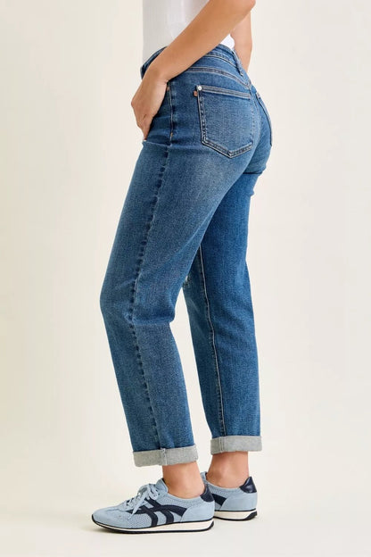 Judy Blue Mid Rise Boyfriend Embroidered Repair Patch Jeans - Bitsy Gypsy Boutique