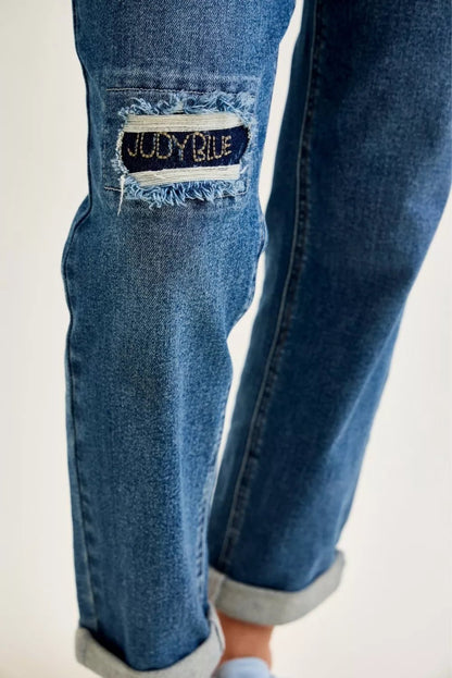 Judy Blue Mid Rise Boyfriend Embroidered Repair Patch Jeans - Bitsy Gypsy Boutique