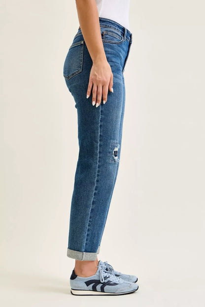 Judy Blue Mid Rise Boyfriend Embroidered Repair Patch Jeans - Bitsy Gypsy Boutique