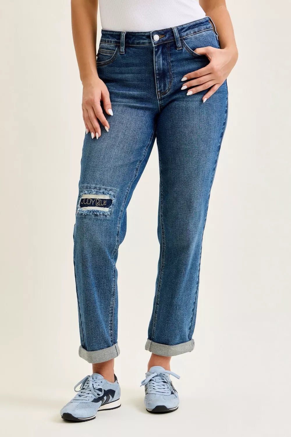 Judy Blue Mid Rise Boyfriend Embroidered Repair Patch Jeans - Bitsy Gypsy Boutique