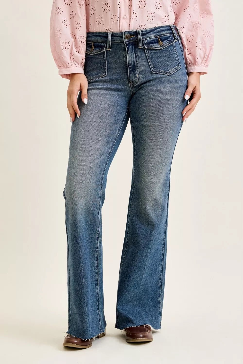 Judy Blue Mid Rise Flare Jeans with Front Flap Pockets - Bitsy Gypsy Boutique